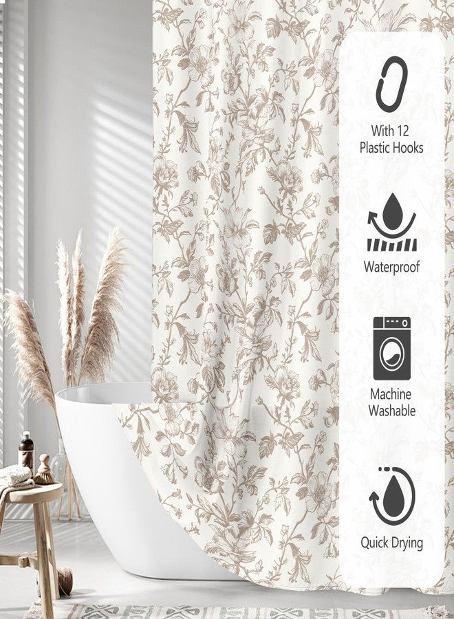 Tititex Boho Rustic Beige Flower Faux Linen Shower Curtain, Vintage Bathroom Decoration Shower Curtain Sets 71x71 in with Hooks - Image 4